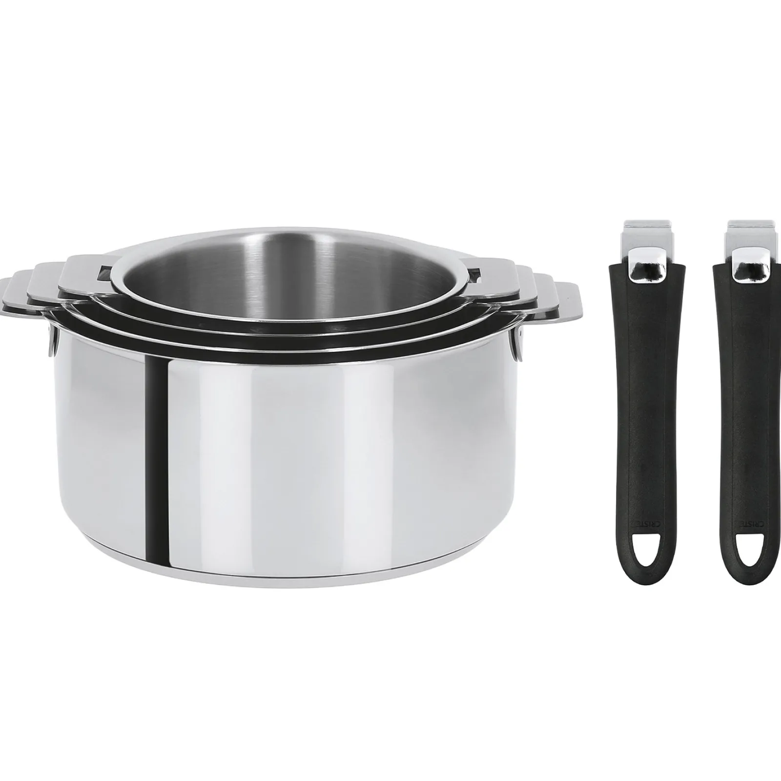 CRISTEL Set de 4 casseroles inox + 2 poignées amovibles colorées